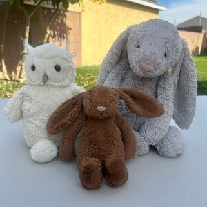Jellycat Stuffed Animals - Cream Owl, Gray Bunny. Brown bunny sold
